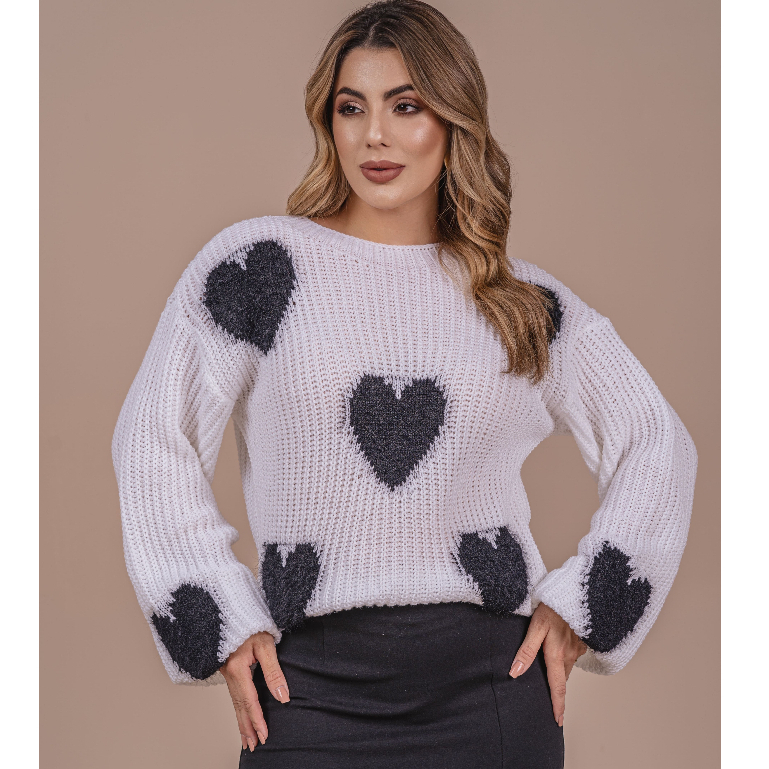 Blusinha Branca Coração Pelinho Feminina Tricô 