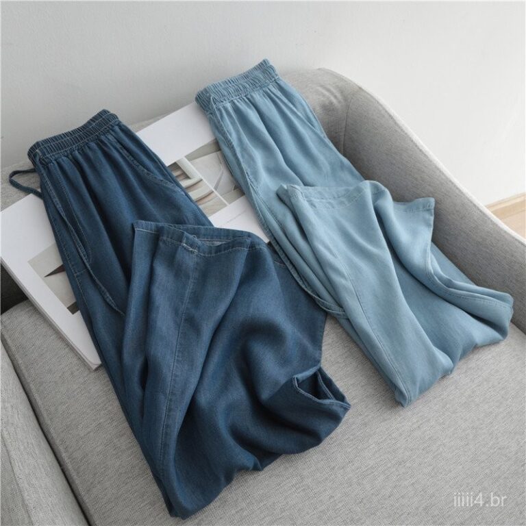 100% Cotton Washed Thin Denim Wide-Leg Pants for W