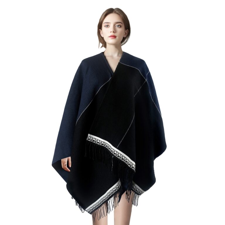 Capa Feminina Elegante Xale Borla Cor Bloqueada Qu