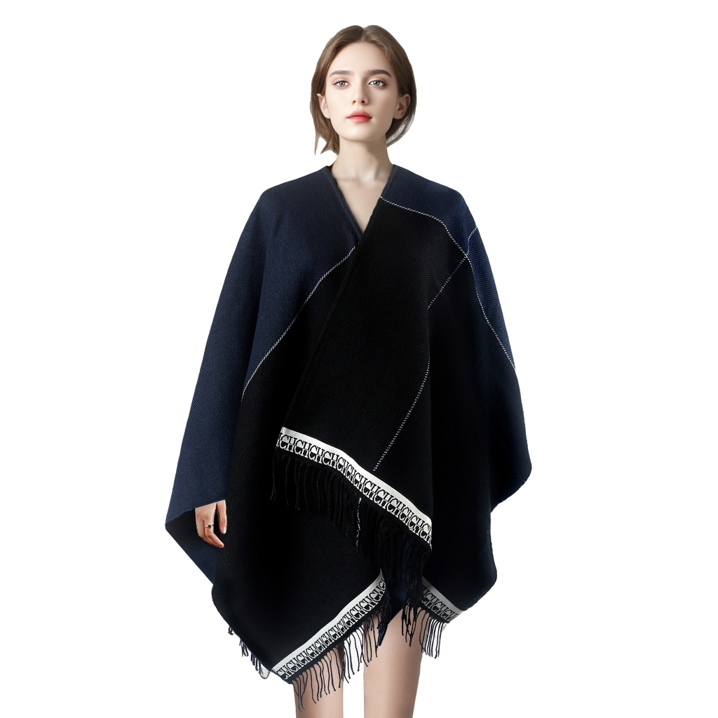 Capa Feminina Elegante Xale Borla Cor Bloqueada Quente