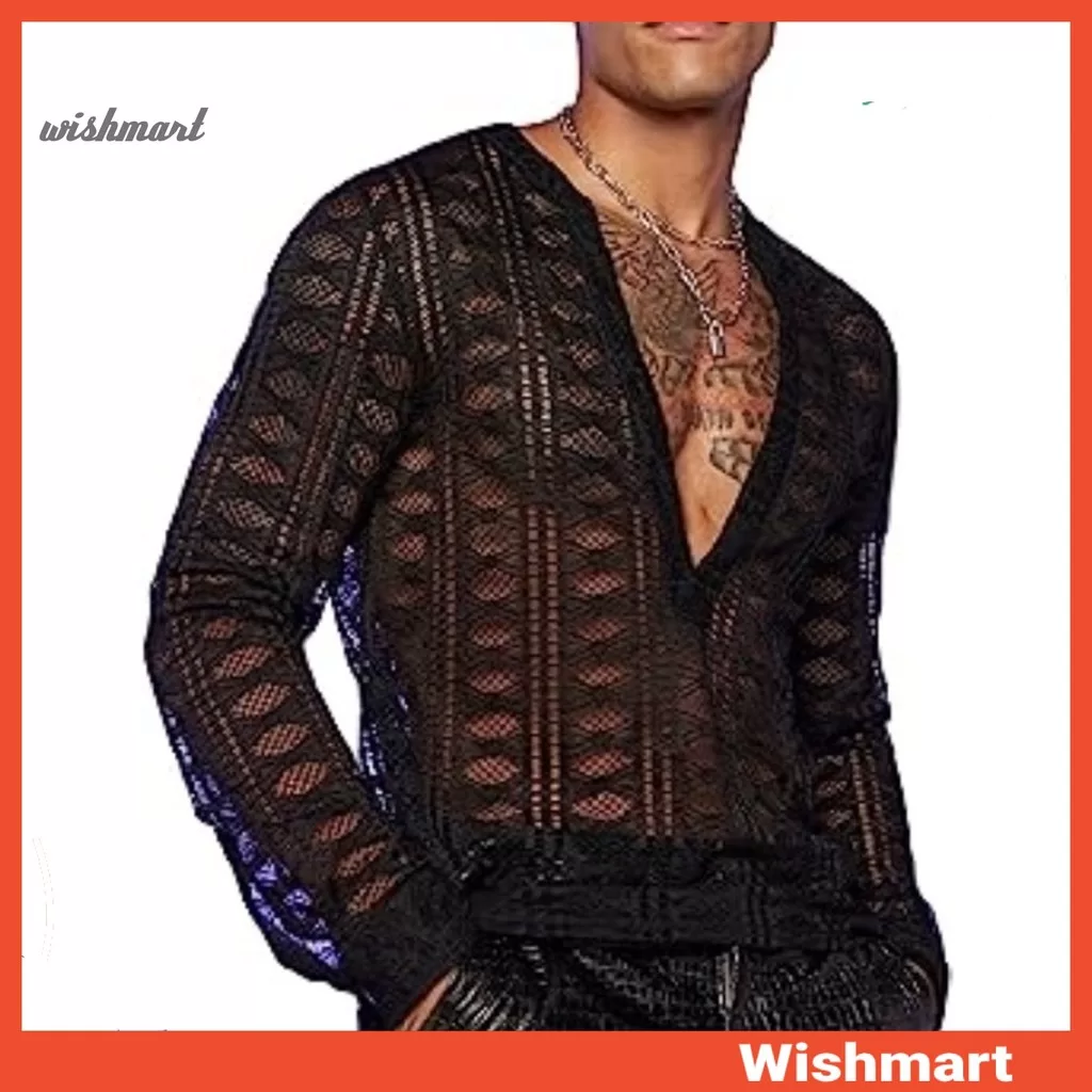 Camisa Masculina De Clube Transparente Vazada Arrastão Decote Em V Profundo Manga Comprida Cor Sólid