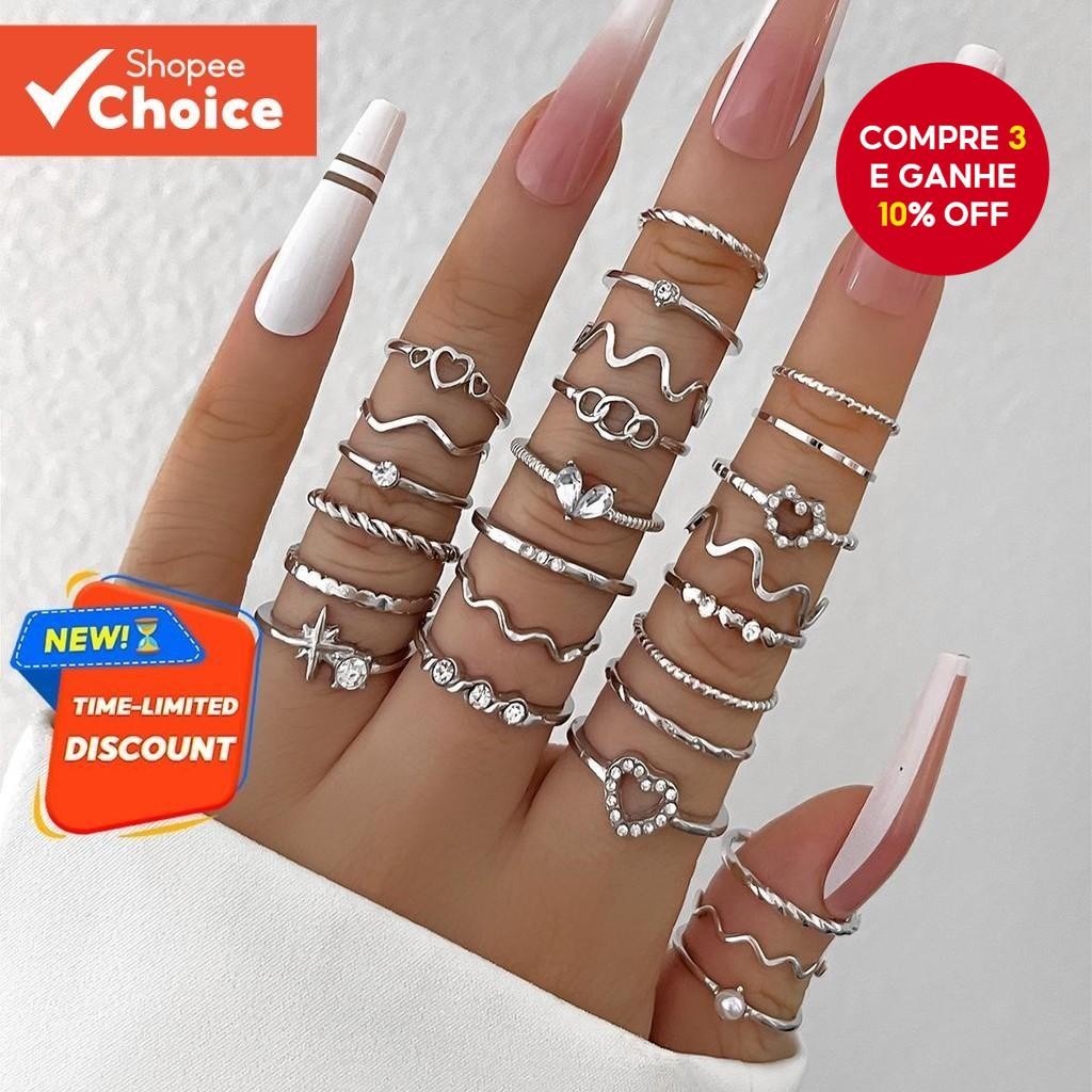 Conjunto De Anéis De Junta Geométrica , 28 Peças , Para Mulheres , Cristal , Coração , Ouro , Prata