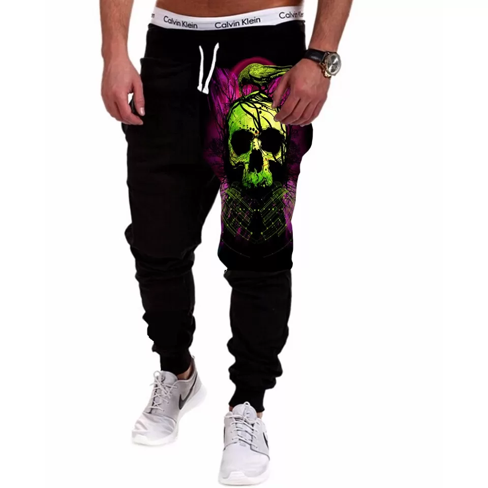 Calça Masculina de Moletom Estampado por Sublimação Crânio Corvo Verde A193