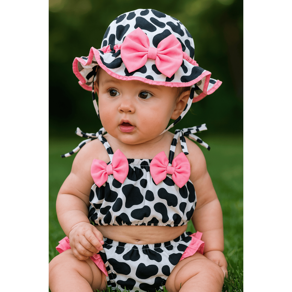 Conjunto Banho De Sol Moda Praia Bebê Cropped Chapéu + Calcinha Várias Estampas Moda Verão Proteção