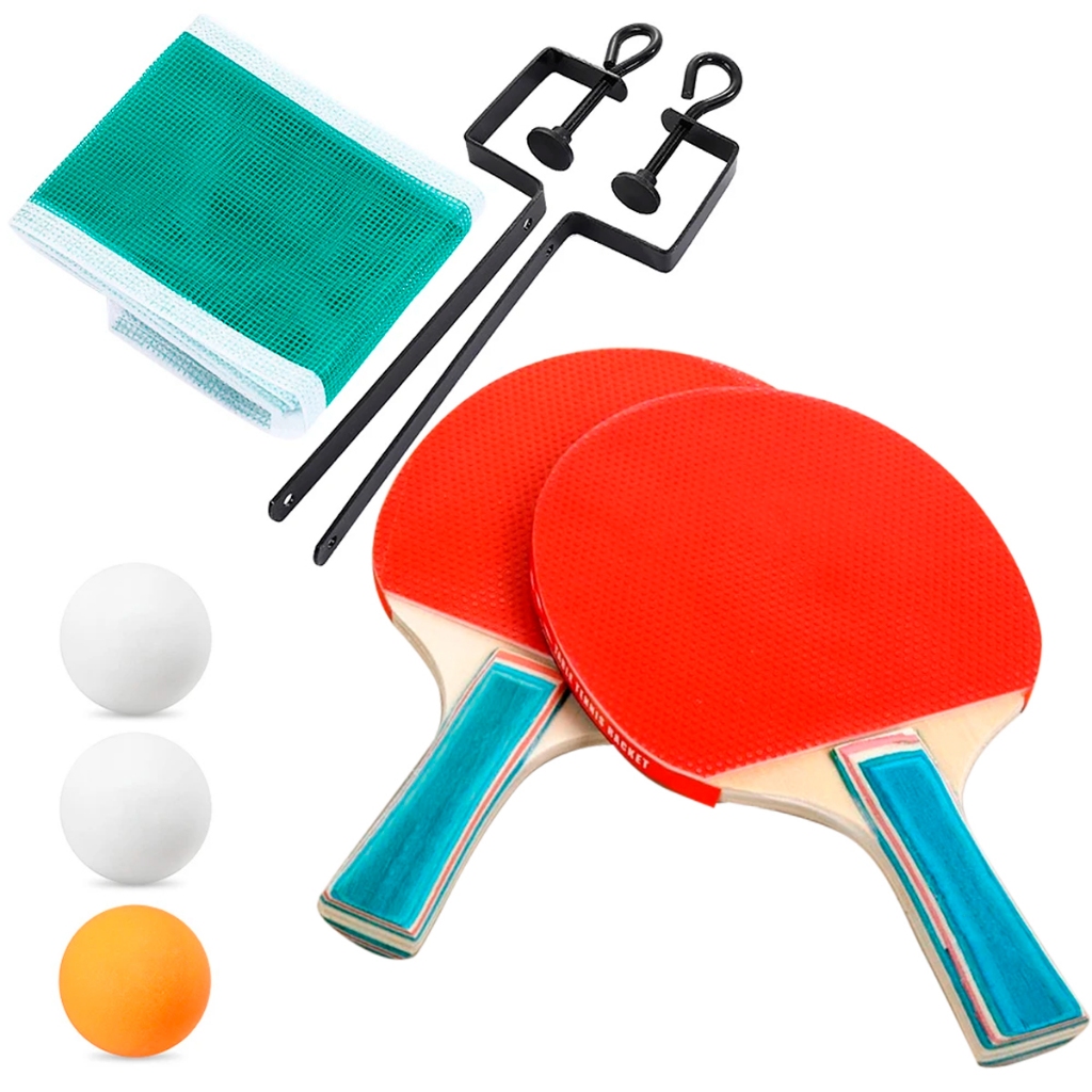 Raquete Tênis De Mesa Ping Pong Kit 2 Raquetes 3 Bolinhas 1 Rede Para Mesa