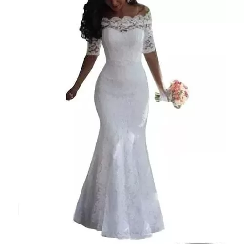 Vestido Noiva Sereia Manga Curta Decote Canoa Lind