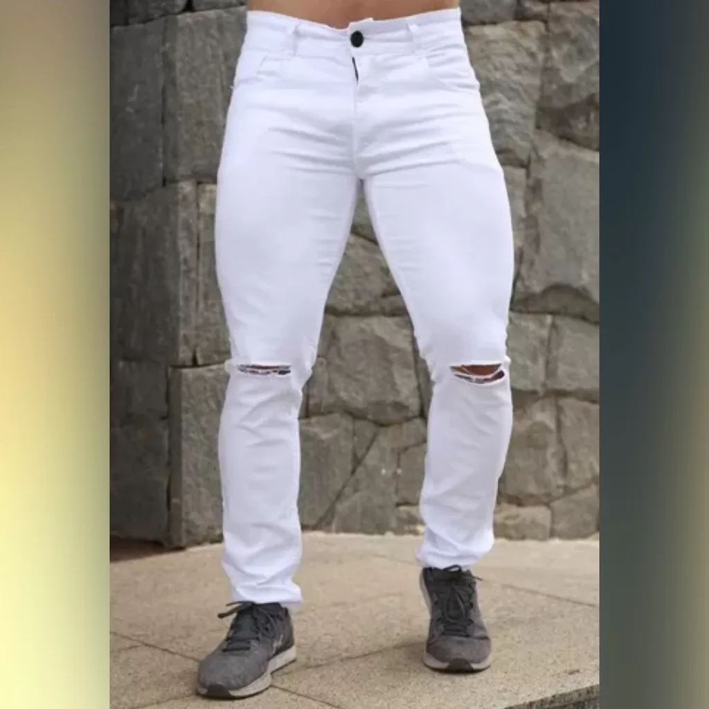 CALÇA BRANCA MASCULINA SKINNY RASGADA VESTE 36 AO 46
