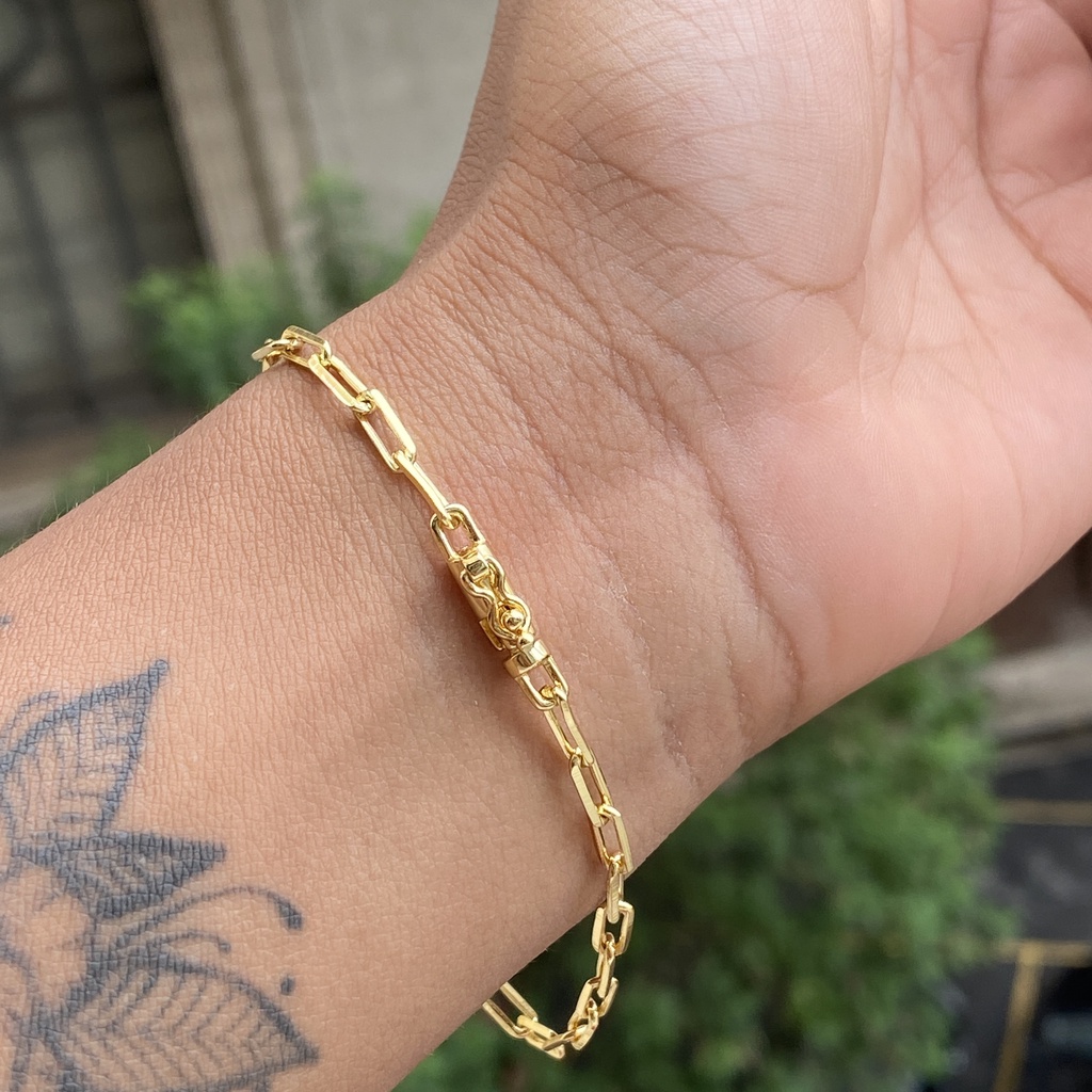 Pulseira Masculina de Ouro Carrier Cadeado Longa 3mm Banhada a Ouro 24K Pulseira Cartier