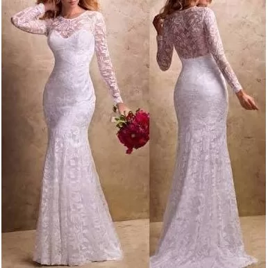 Vestido Noiva Renda Maga Longa Moderno E Simples