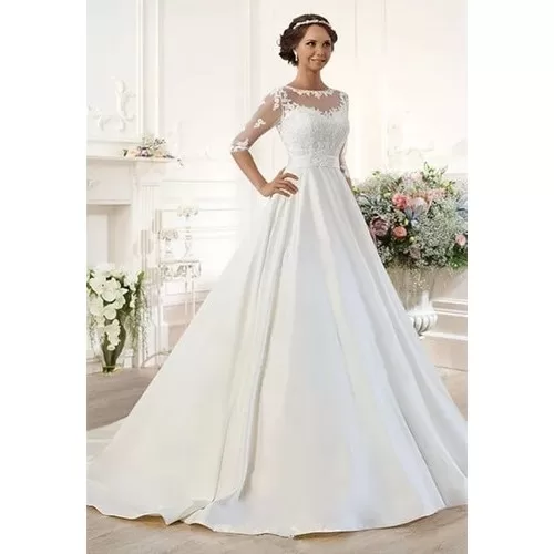 Vestido De Noiva Peito De Renda Manga 3/4 Elegante