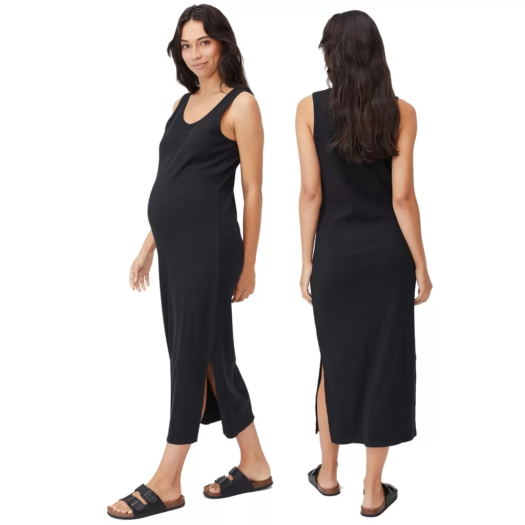 Vestido Feminino Midi Gestante Gravida Regata Fenda Canelado Preto
