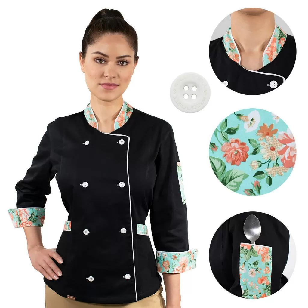 Dólmã Chef de Cozinha Feminino Preto Com Floral Verde