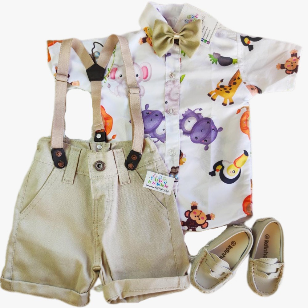 SAFARI COM SAPATO Conjunto temático infantil para menino BRANCO – BEGE