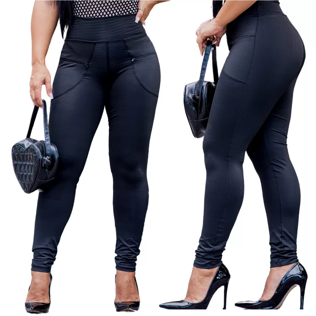 2 Calça Legging Com Bolso Ziper  Cintura Alta Suplex Cós Alto Tecido Grosso M ao G4