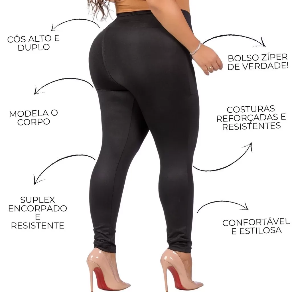 KIT 2 Calças Legging Plus Size Suplex Cintura Alta Com Bolso Ziper
