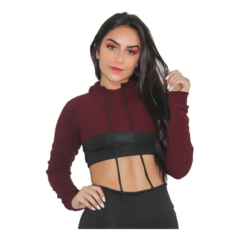Casaco Feminino Marsala Crepe Com Moletom Preto E Capuz