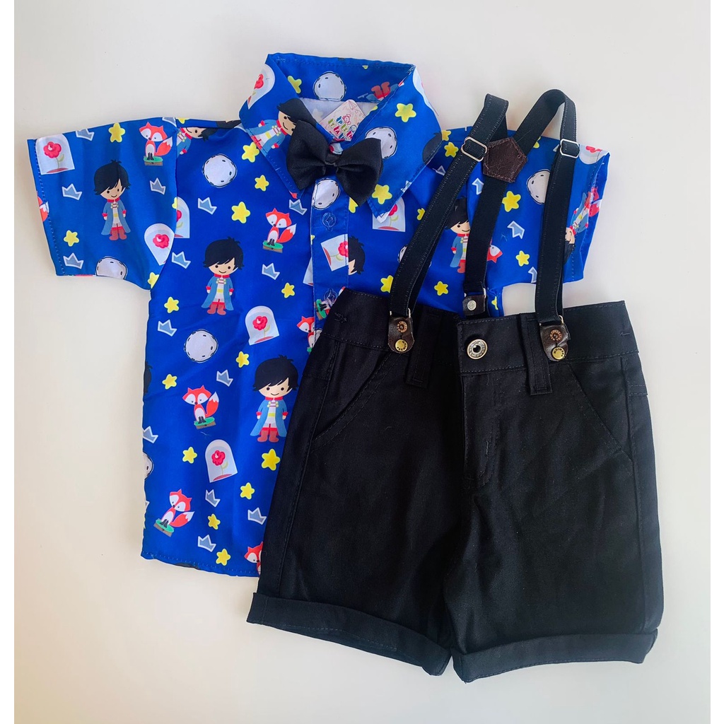 CONJUNTO PEQUENO PRÍNCIPE MORENO com SAPATO tematica roupa infantil Gravata Bermuda e Suspensório