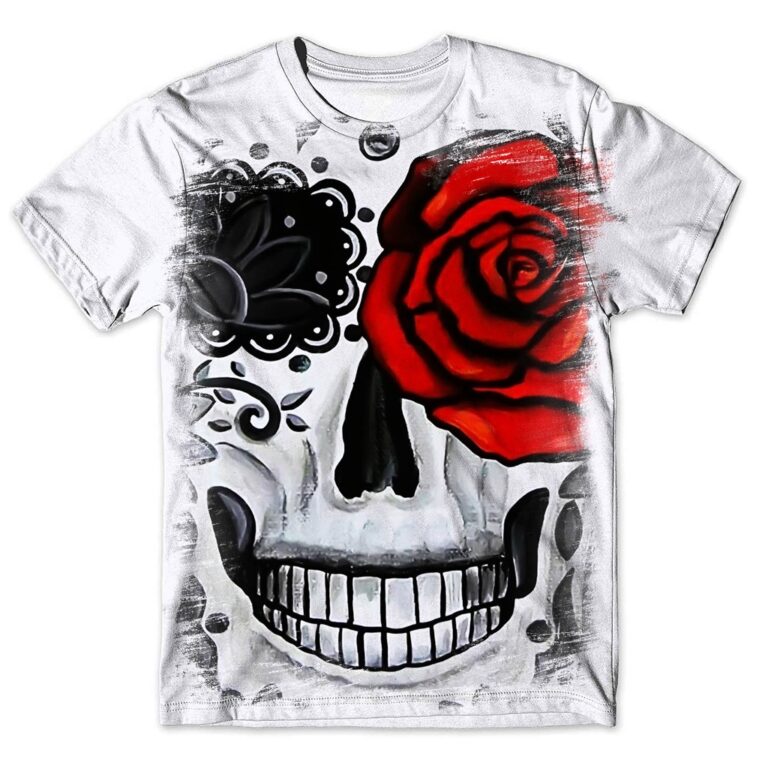Camisa Camiseta Masculina Caveira Rosas Flores 17