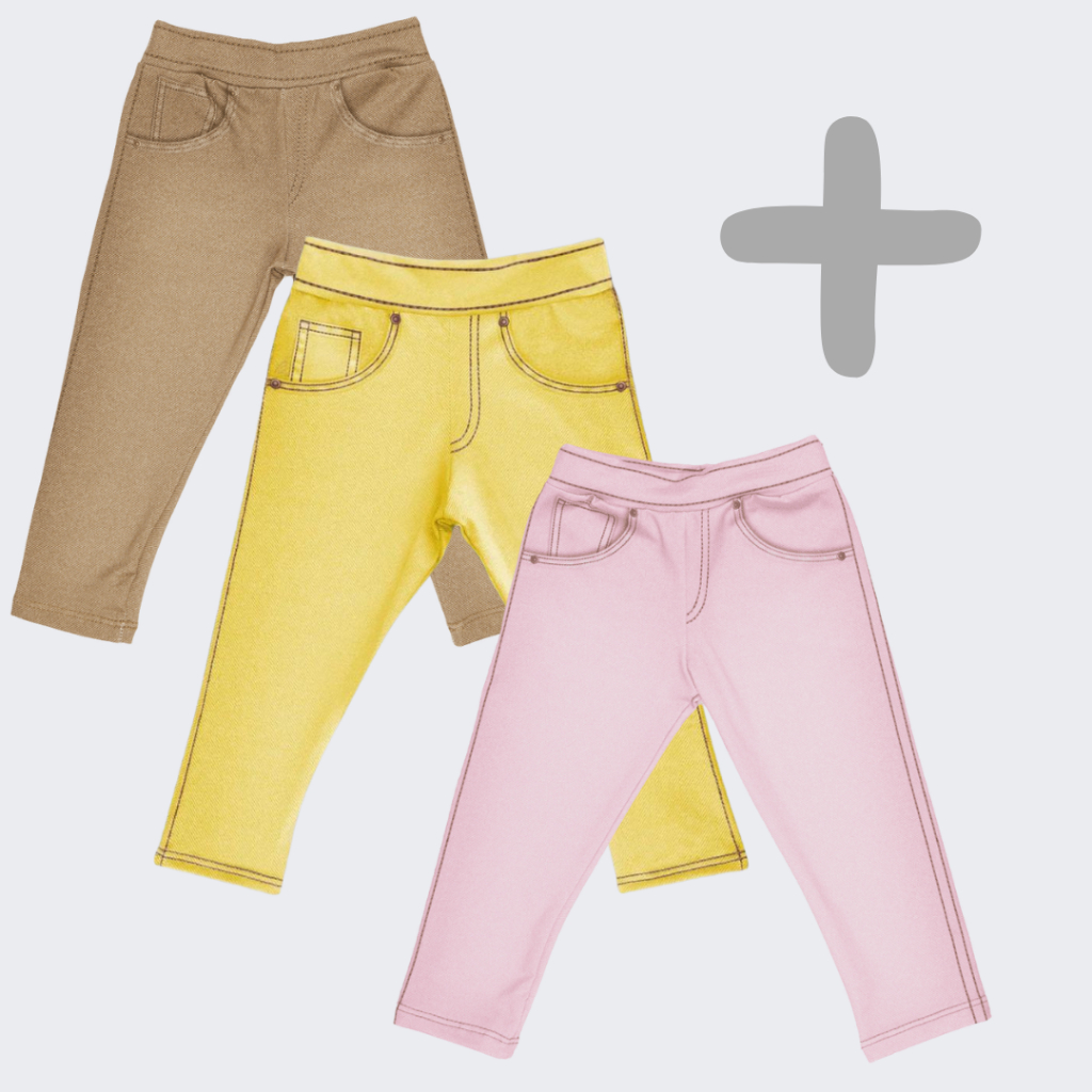 Kit 3 Calças Fake Jeans MiniBoo Proteção Solar 50+ – Calças: Rosa, Marrom e Amarela – Recém nascido