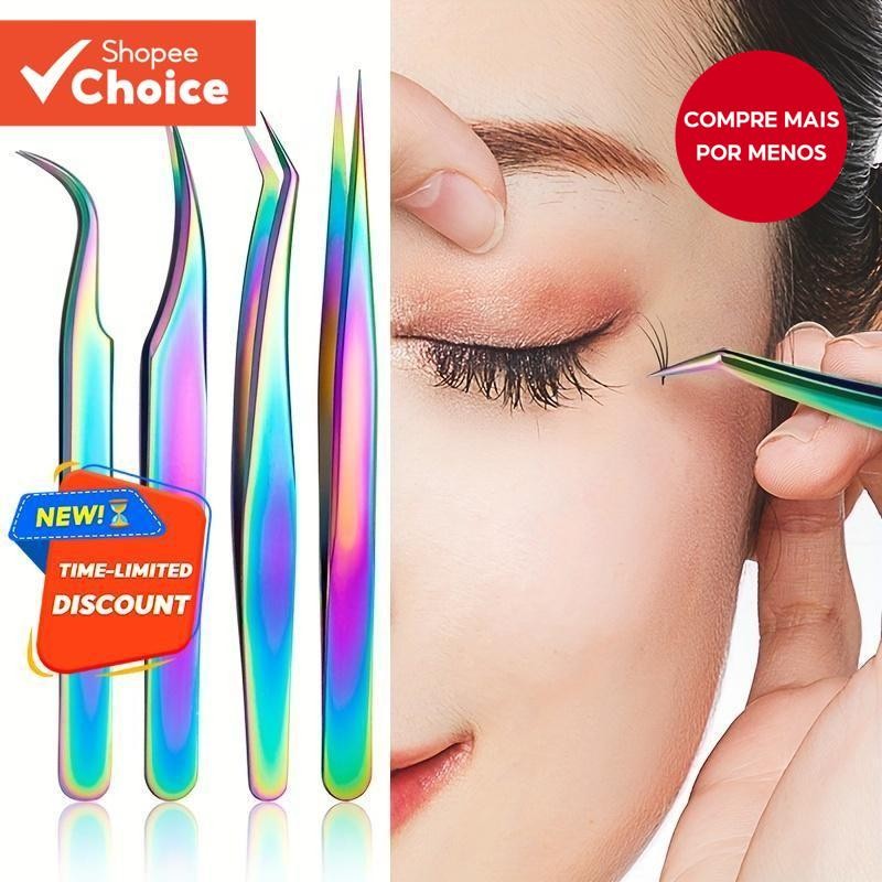 Pinças Para Extensões De Cílios  Pacote Com 4 , Adesivos Unhas E Strass , Design Curvo Pontiagudo
