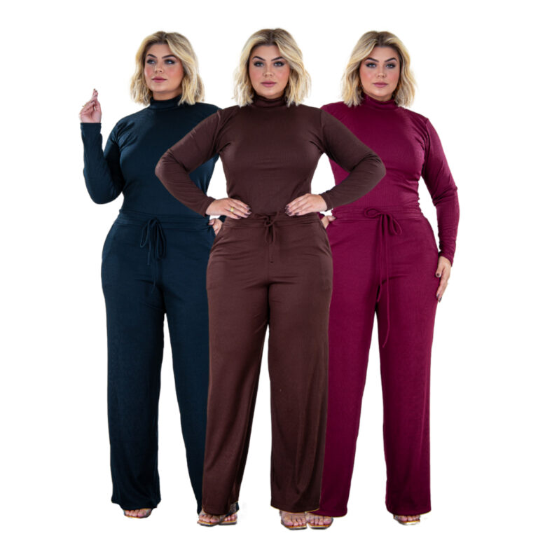 Kit 3 Conjuntos Plus Size Manga Longa Calça Wide 