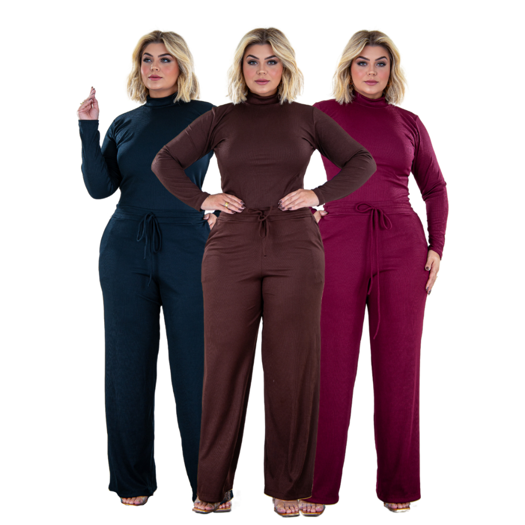 Kit 3 Conjuntos Plus Size Manga Longa Calça Wide Leg  Pantalona Blusa Gola Alta