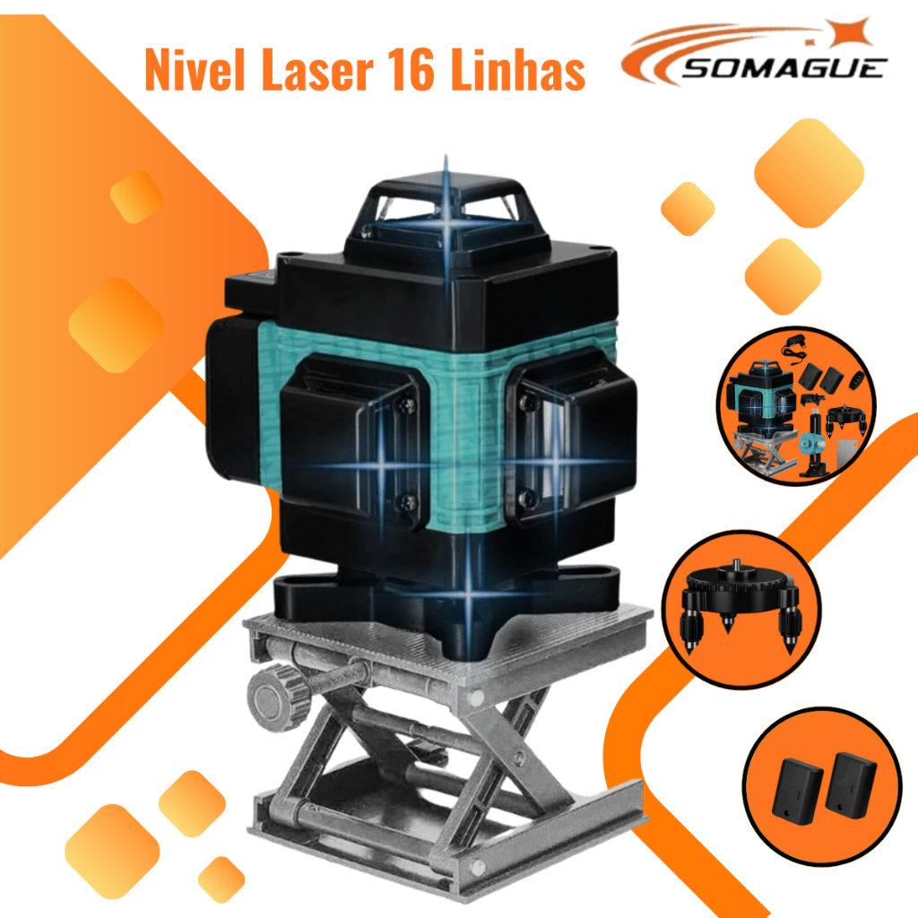 Nível Laser Verde 16 Linhas 4d Autonivelante Com 2 Baterias