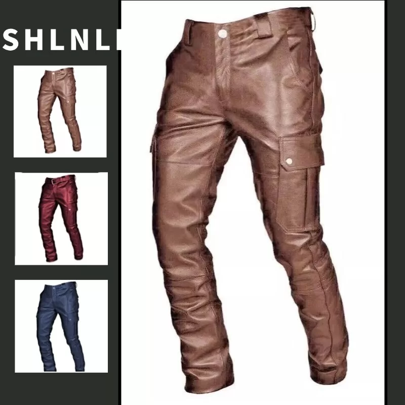 Calça Masculina Americana De Couro Casual Com Tiras De PU De Cor Sólida Slim Fit Para Outono E Inver