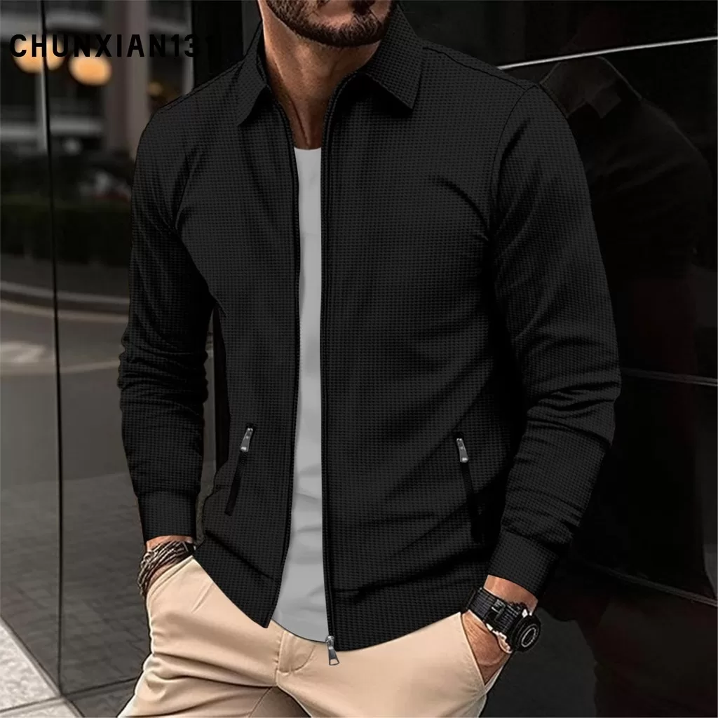 2024 Outono Novo Estilo Waffle Tecido Waffle Cardigan Cor Sólida Colarinho de Beisebol Casual Casaco