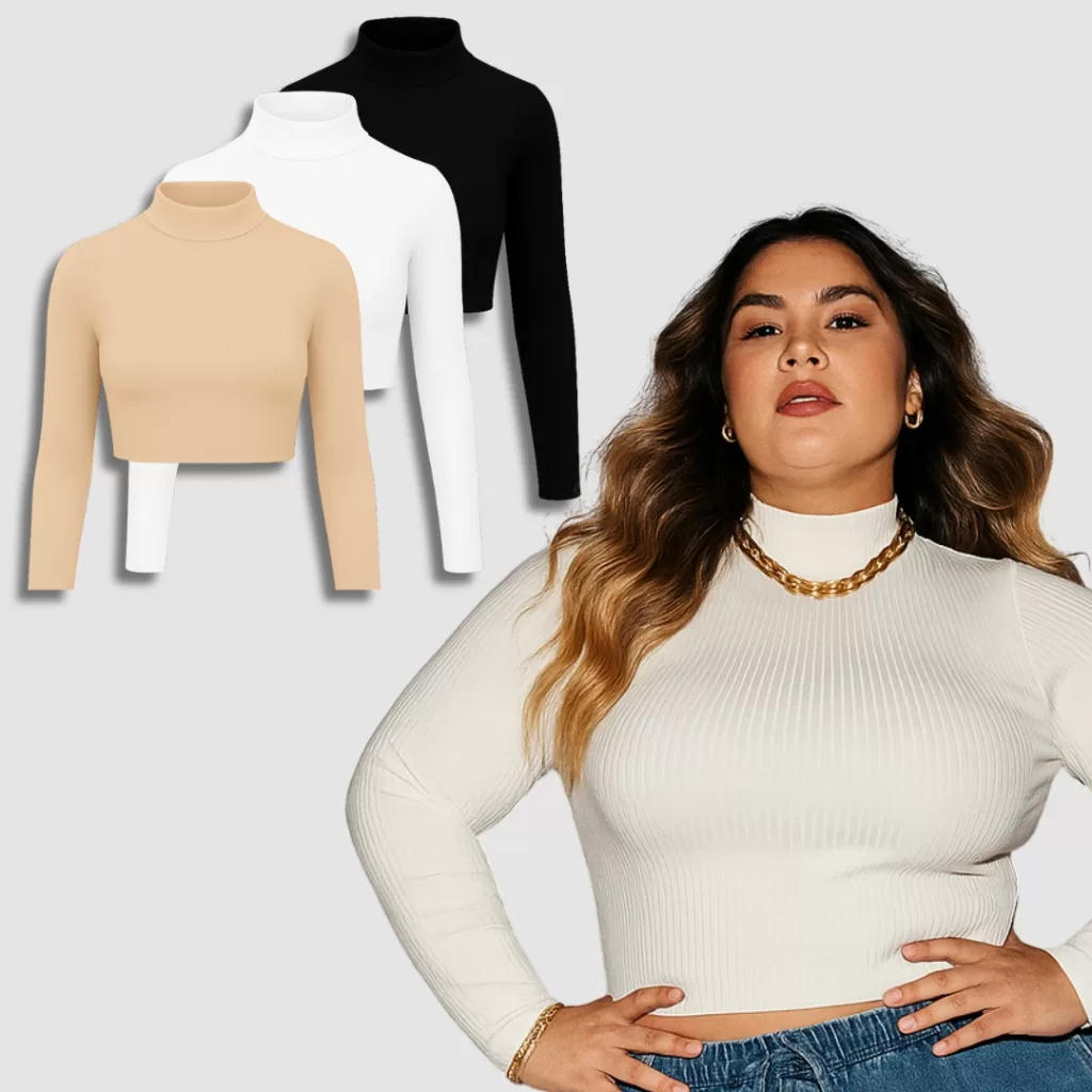Kit Cropped Feminino Plus Size Manga Longa Gola Alta Canelado Premium