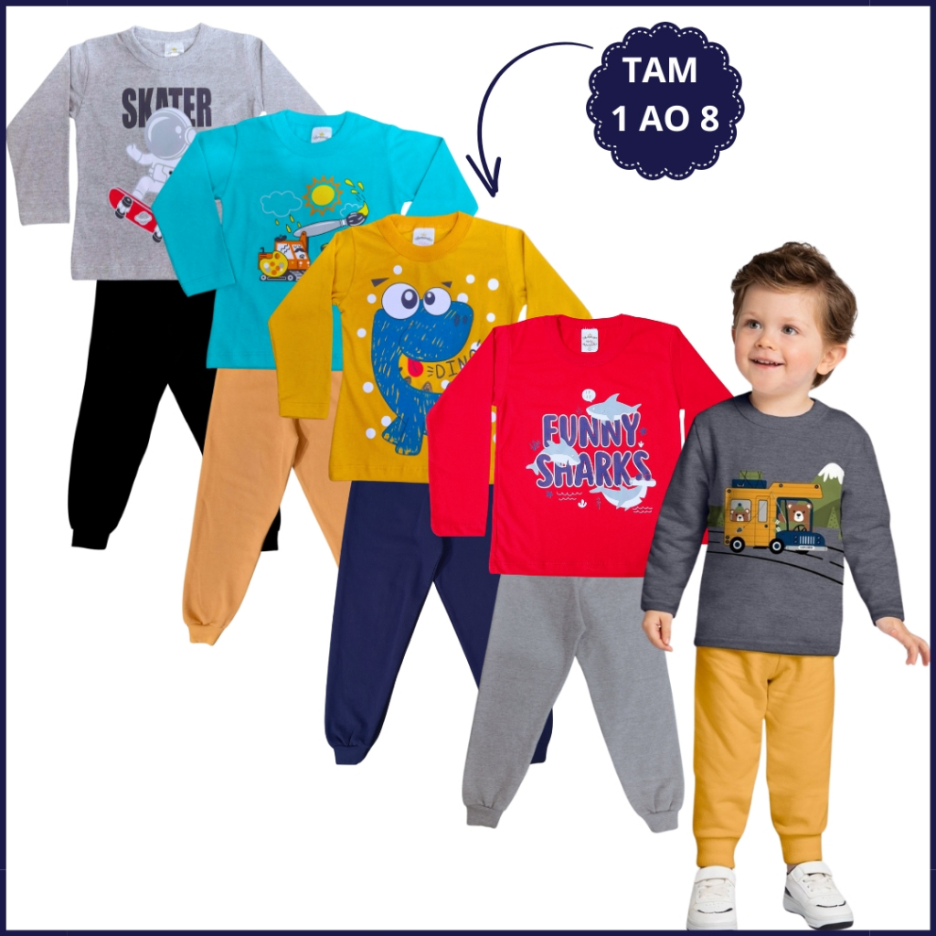 Kit 8 Peças Roupa Infantil Masculino 4 Conjuntos Menino 4 Camiseta e 4 Calça de Moletom 1 ao 16