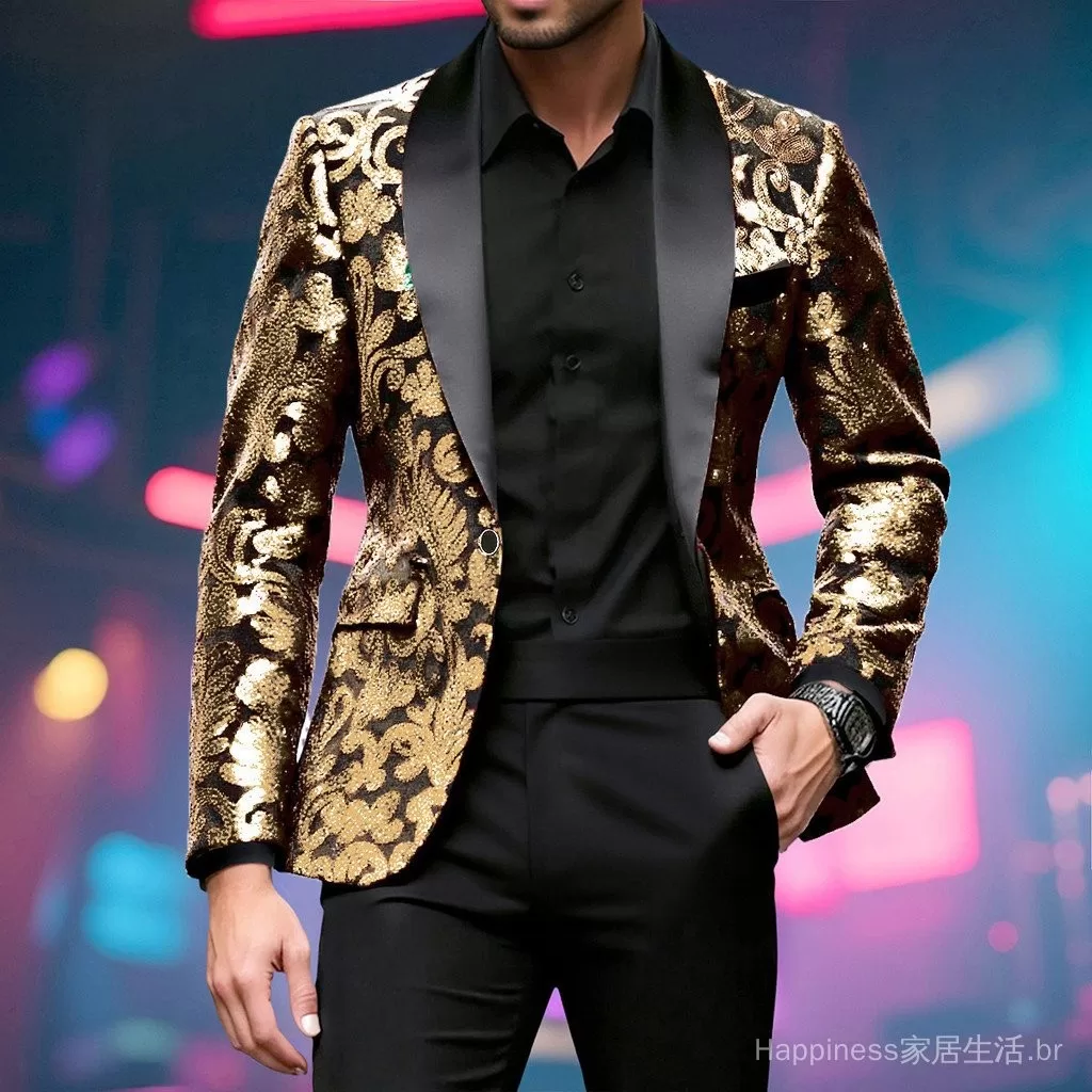 Envio em 24 horas 2025 Primavera e Outono Novo Blazer de Lantejoulas Masculino, Terno Formal para