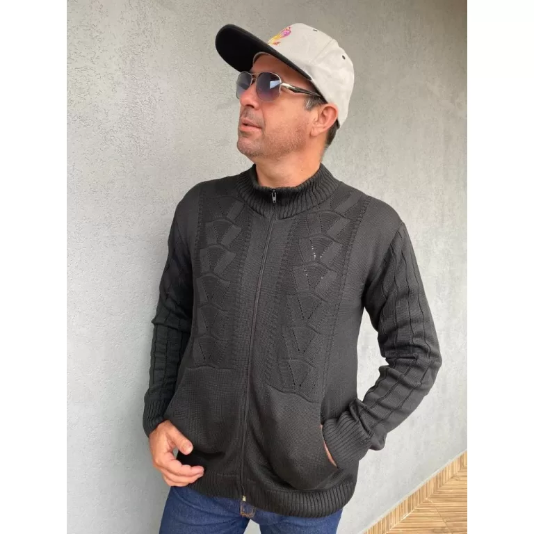 Jaqueta Masculina de Tricot com Bolsosíper Manga 