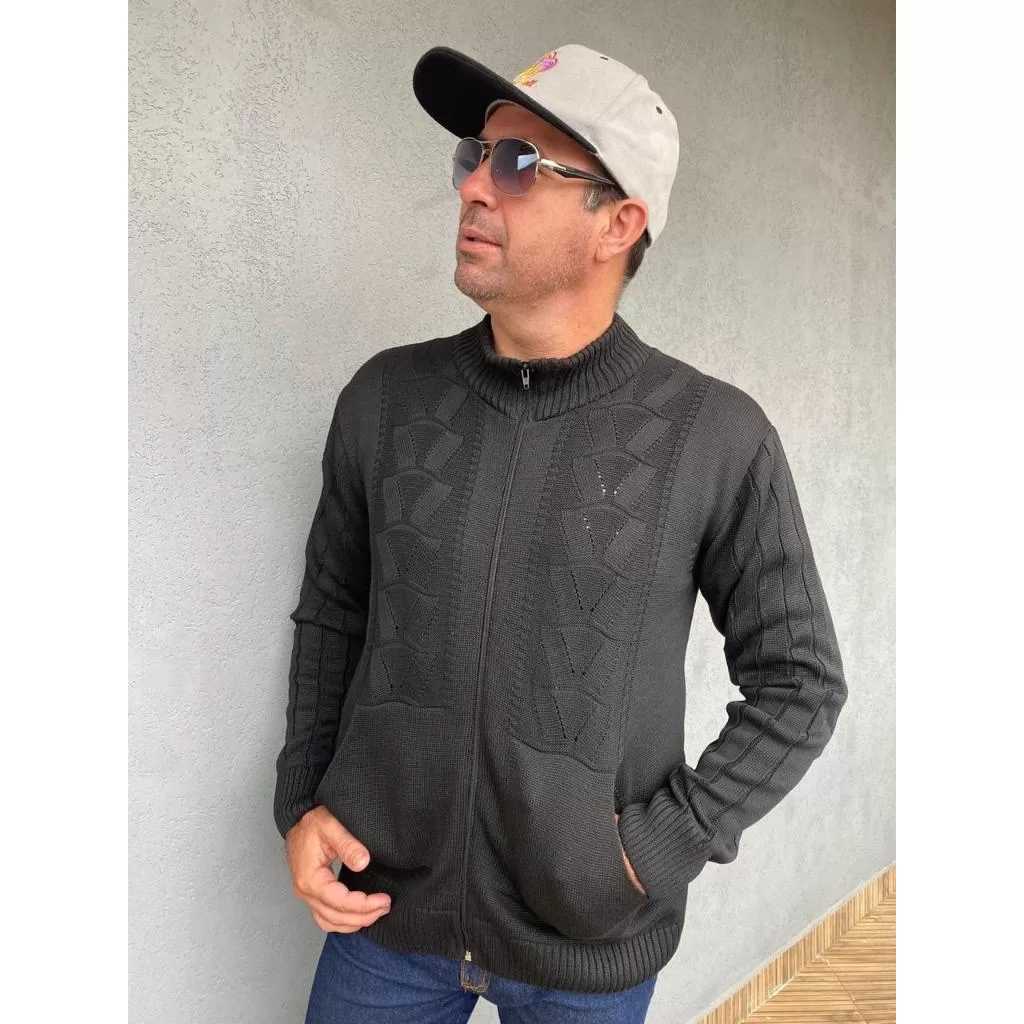 Jaqueta Masculina de Tricot com Bolsosíper Manga Longa de Frio M G GG Lançamento Moda Inverno
