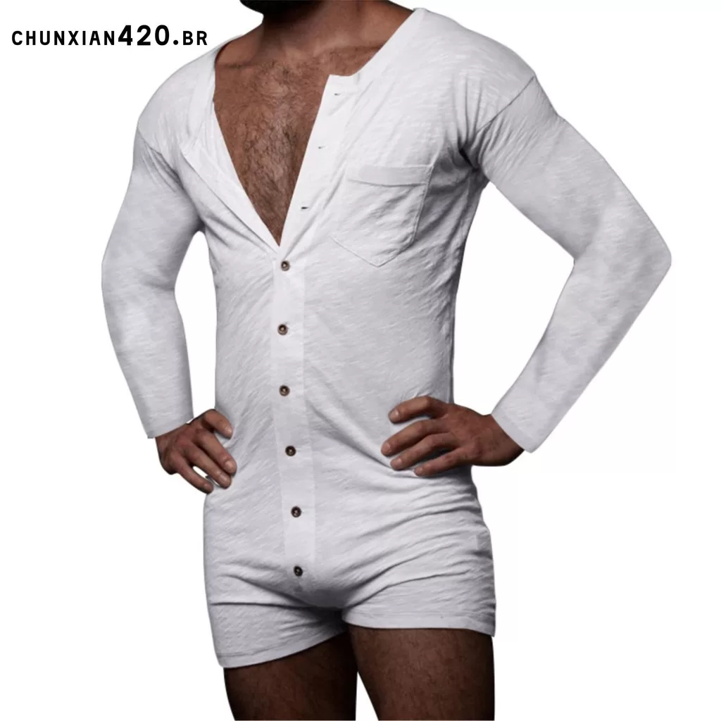 LYCT-Men . Manga Longa Romper Cor Sólida Macacão De Um Peito Roupa De Dormir Noite
