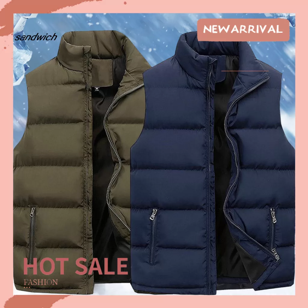 Areia Masculina Colete Jaqueta Cor Sólida Gola Zíper Algodão Acolchoado Engrossar À Prova De Frio Pl