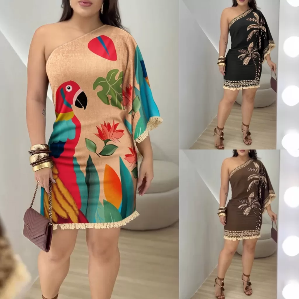 2025 Moda Ombro Inclinado Estampado Borla Vestido Emagrecedor Para Mulheres