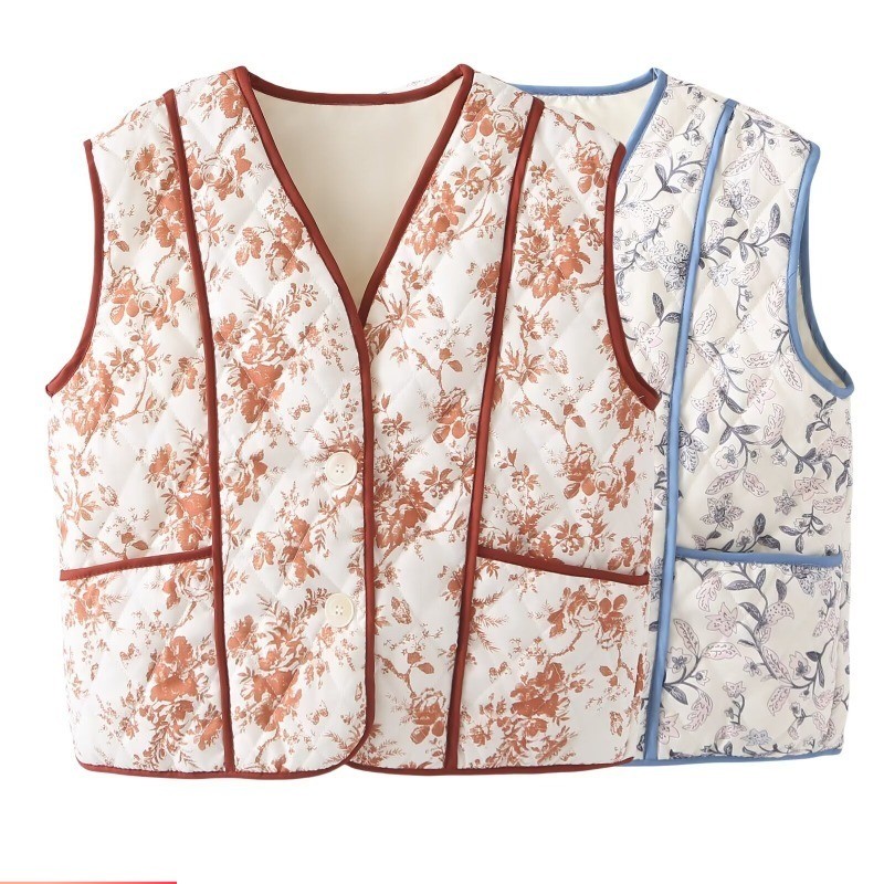 Colete feminino retrô contraste cor estampado solto Casual curto acolchoado