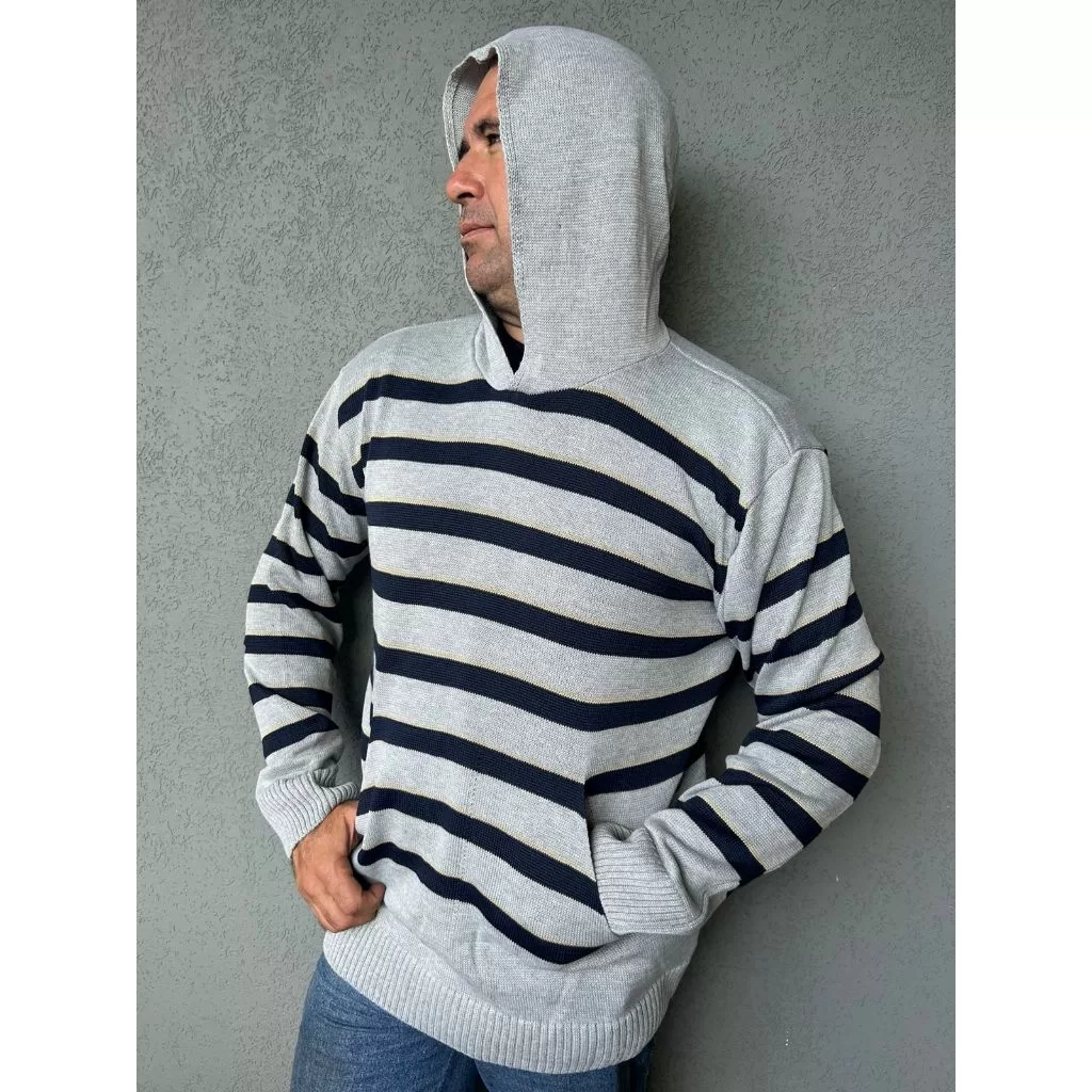 Blusa de Frio Moletom Suéter Masculino Listrado Tricô Inverno Blusa de Frio com Capuz e Bolso