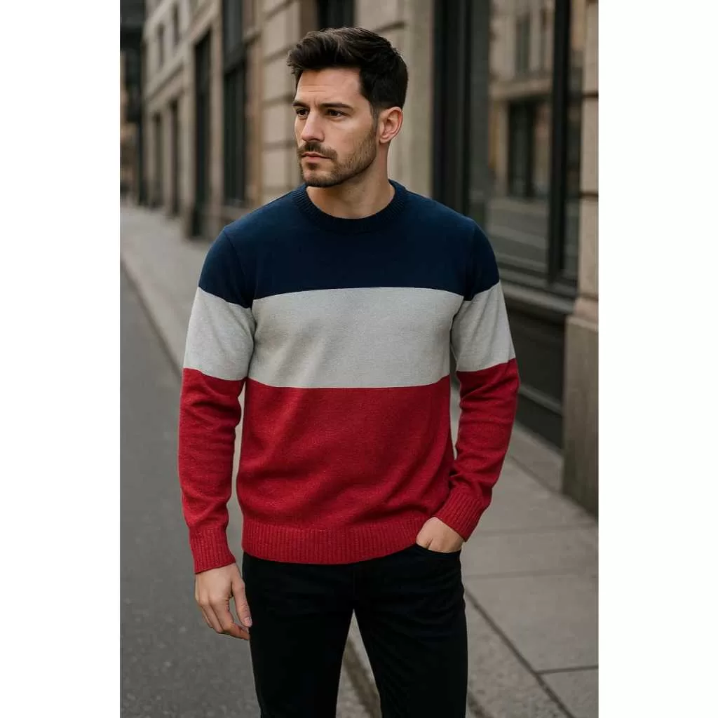 Suéter Masculino de Tricot Listrado Manga Longa Camisa de Frio G Sofísticada Moda Outono Inverno REF
