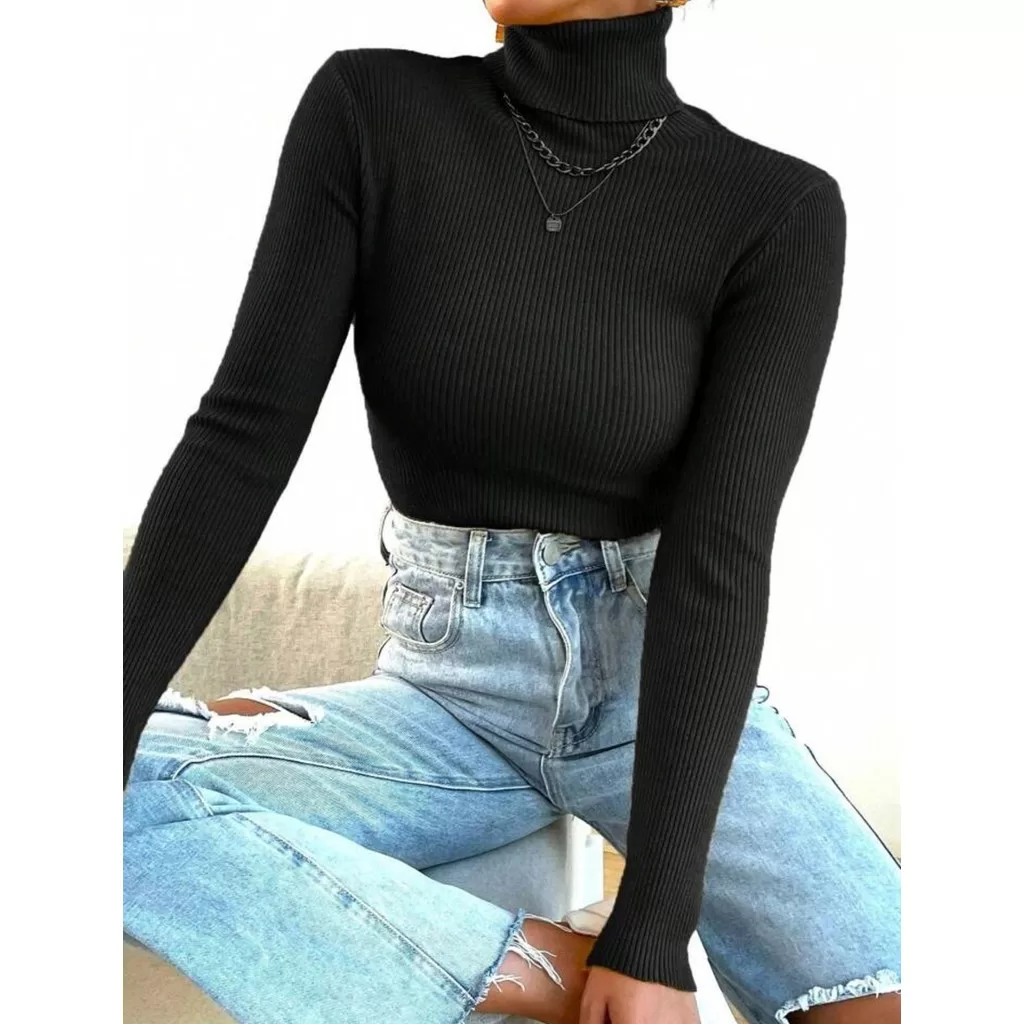 Blusa Feminina Tricot Canelado Gola Alta Manga Longa
