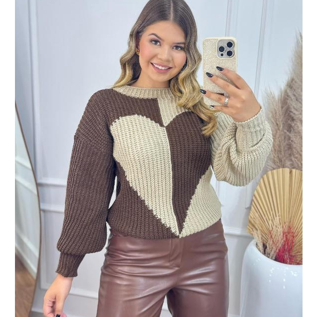 Blusa Feminina Tricot Manga Longa Coração Lãzin