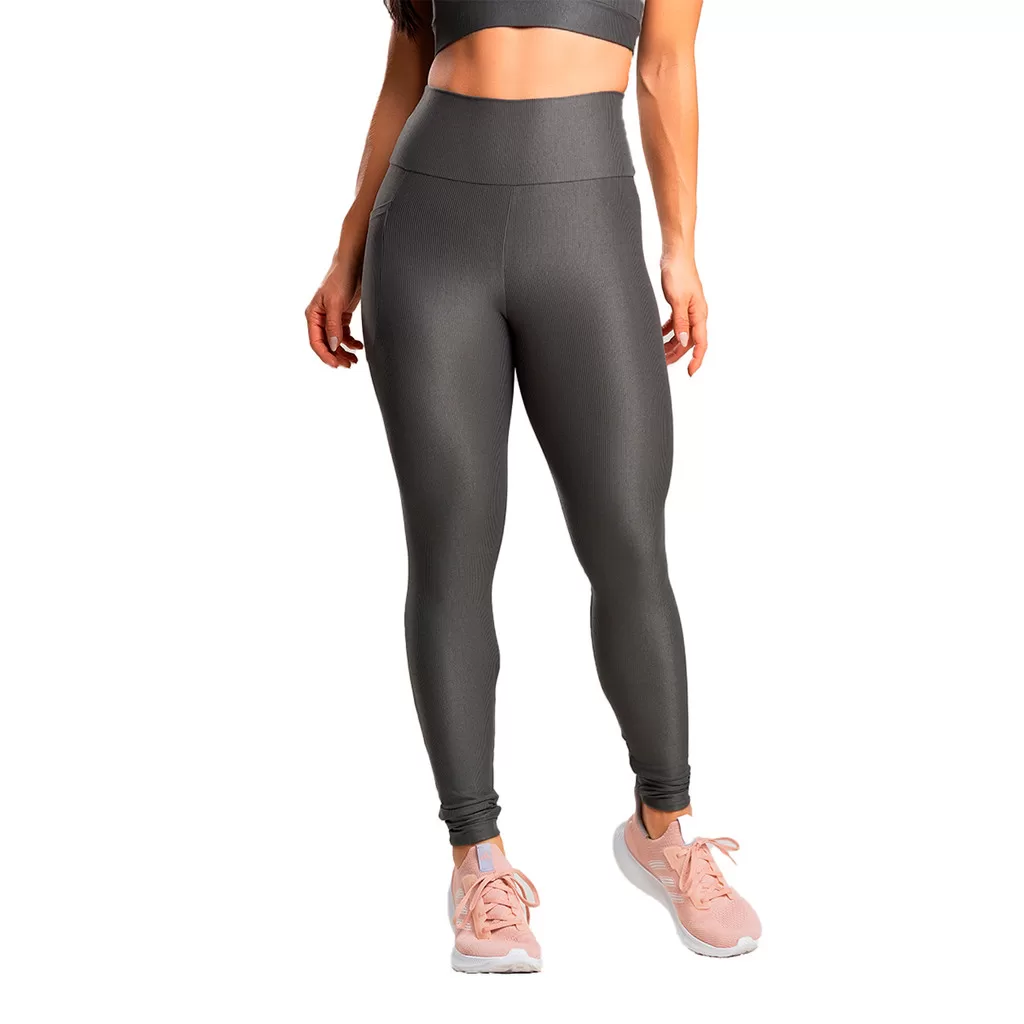 Legging Poliamida Canelada Com Bolso Cinza Massam Fitness