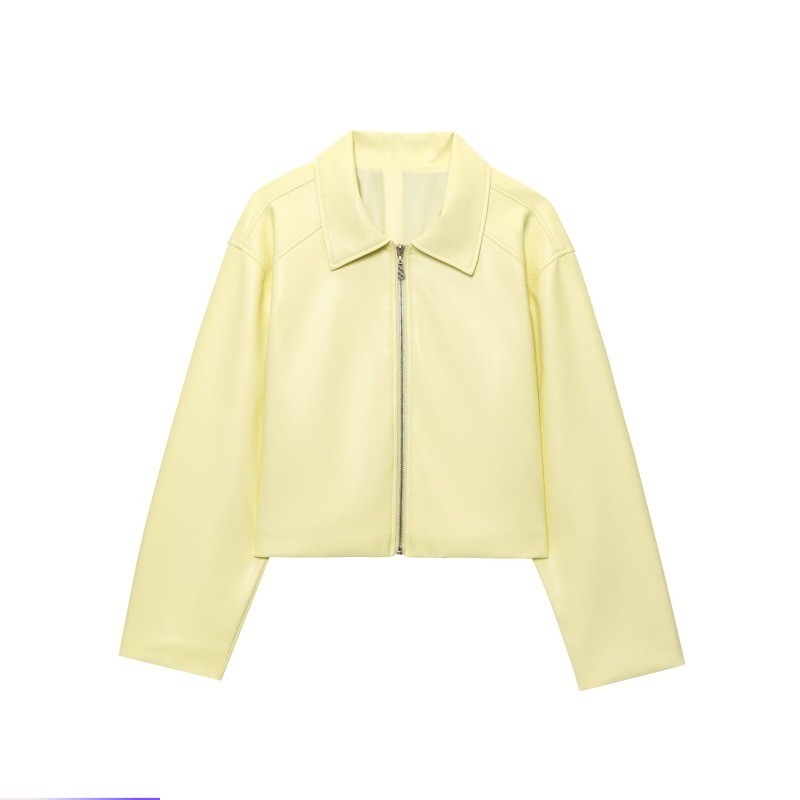 Estilo europeu americano feminino Retro creme amarelo lapela zíper manga longa jaqueta de couro do p