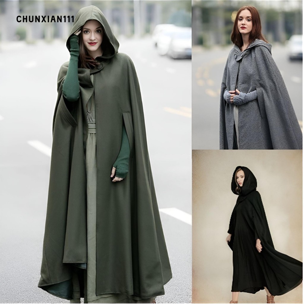 Capa Feminino Com Capuz Casaco Longo Cosplay Festa Sem Mangas Outono Inverno Sobretudos Cor Sólida