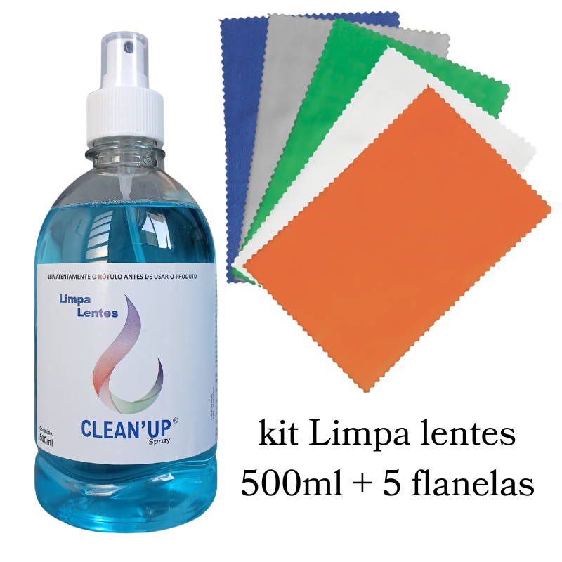 Kit Limpa Lentes CleanUp 500ml  Para Óculos Celular Computador Tablet + 5 Flanelas Microfibra Suede