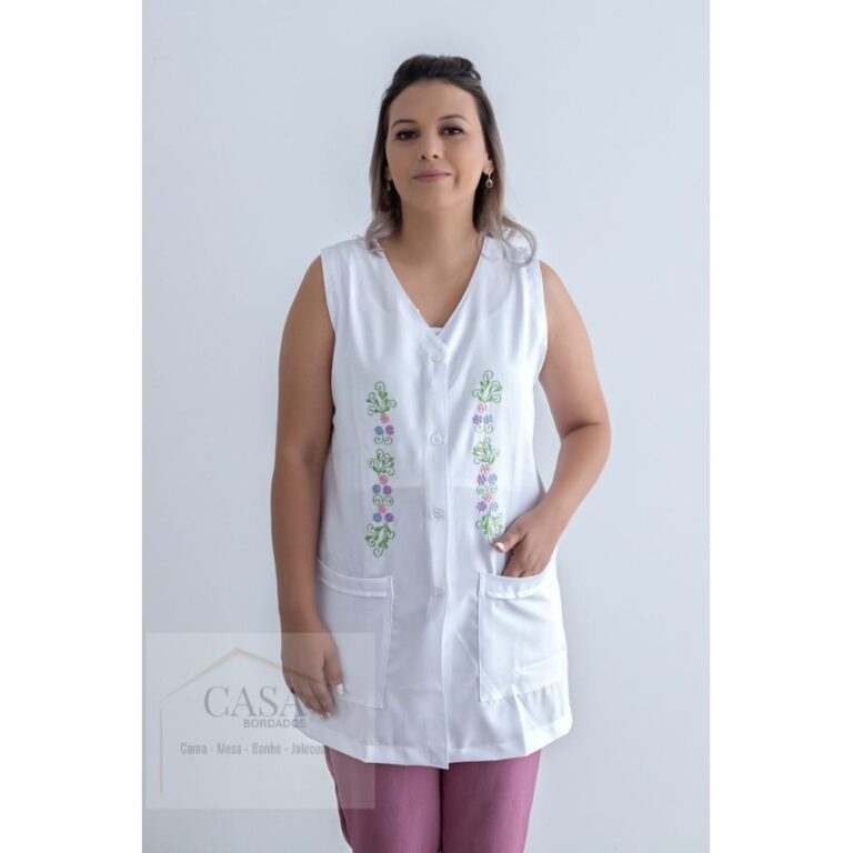 Jaleco  028 Feminino Branco Bordado Tecido Microfi