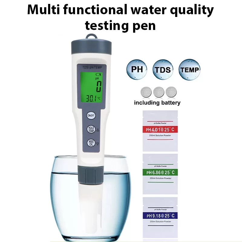 Caneta de Teste de Qualidade da Água com Display Multifuncional Retroiluminado e Calibração Automáti