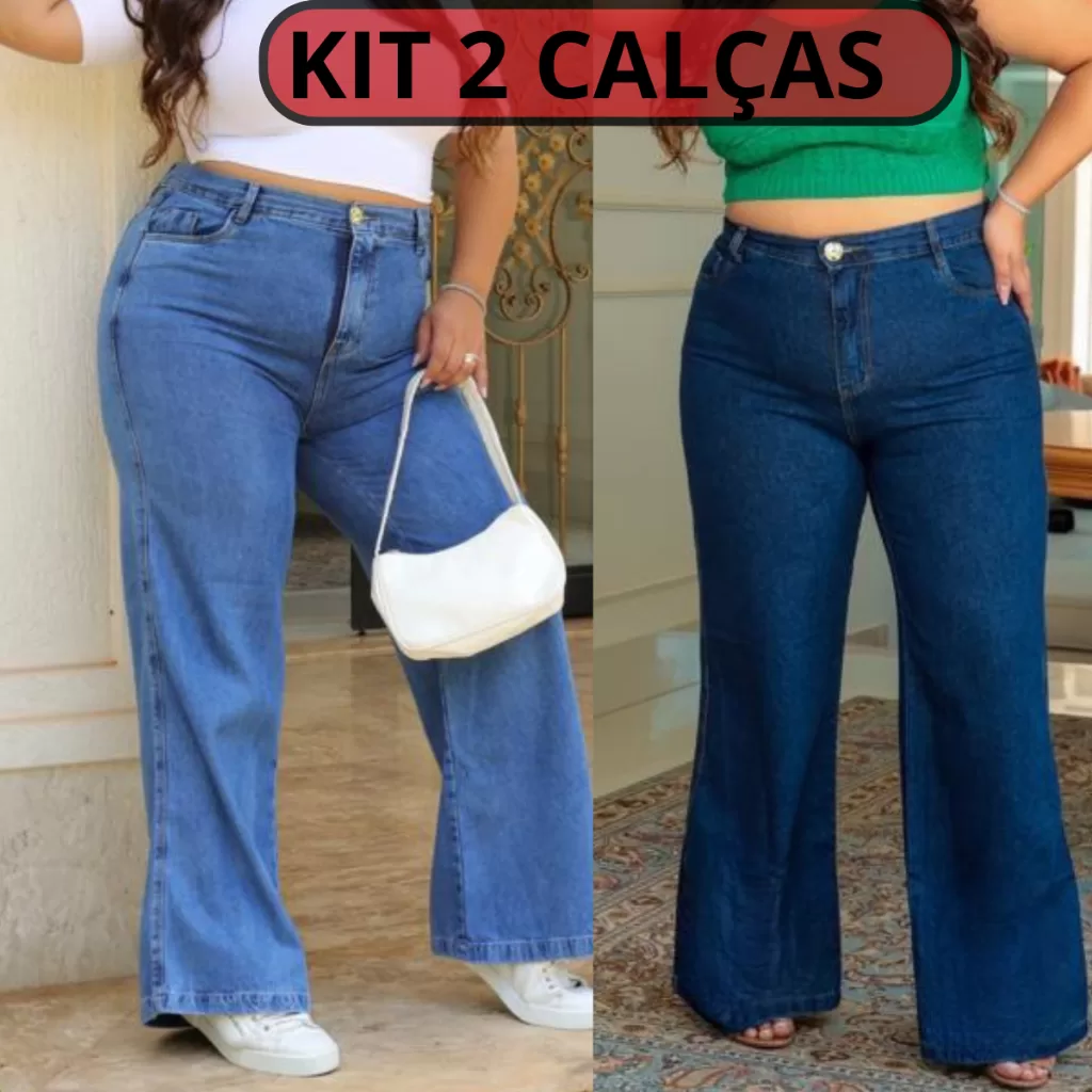 Kit 2 Calças Jeans Wide Leg Plus Size Cintura Alta Curve