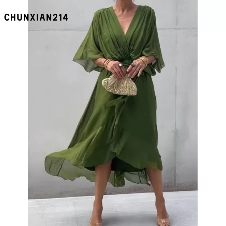 Vestido longo feminino de cor sólida com manga bo
